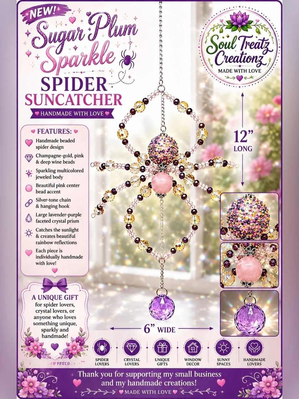 Pink & Purple Beaded Spider Crystal Sun Catcher